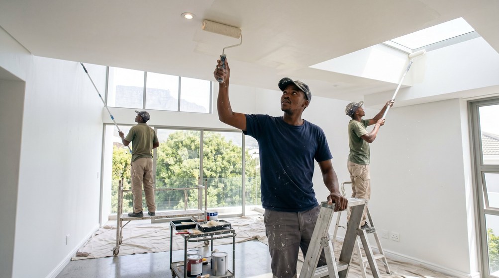 Professional ceiling painters rolling white paint onto a high ceiling in Kommetjie