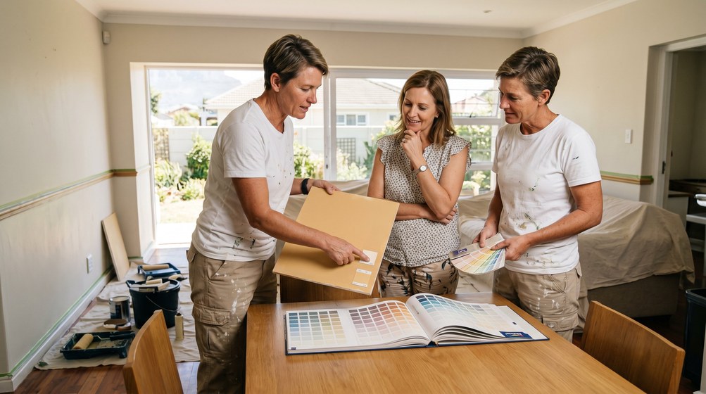 Professional colour consultant showing paint swatches to a homeowner in Kommetjie
