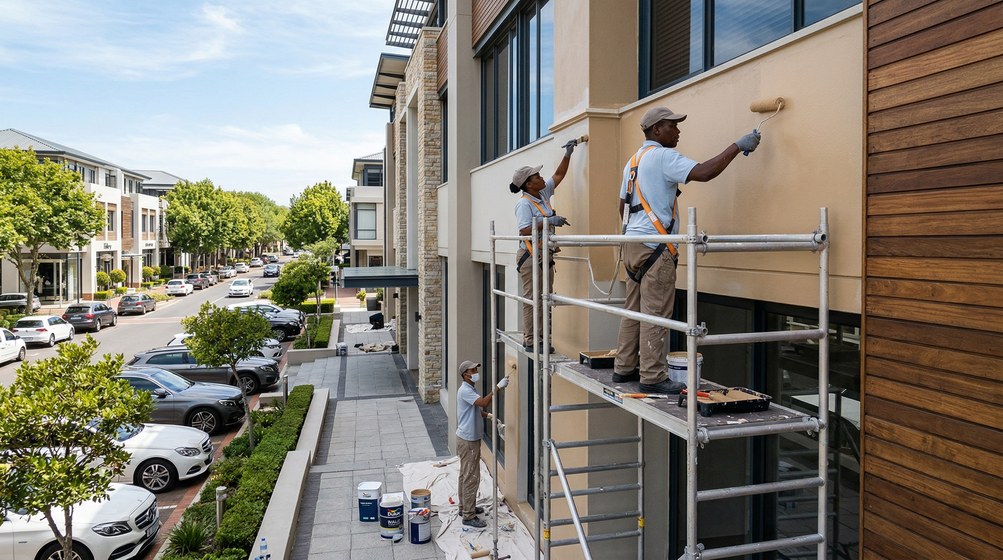 Professional commercial painters on scaffolding painting a building in Kommetjie