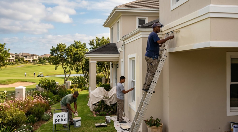Professional estate painters painting a luxury golf estate home in Kommetjie