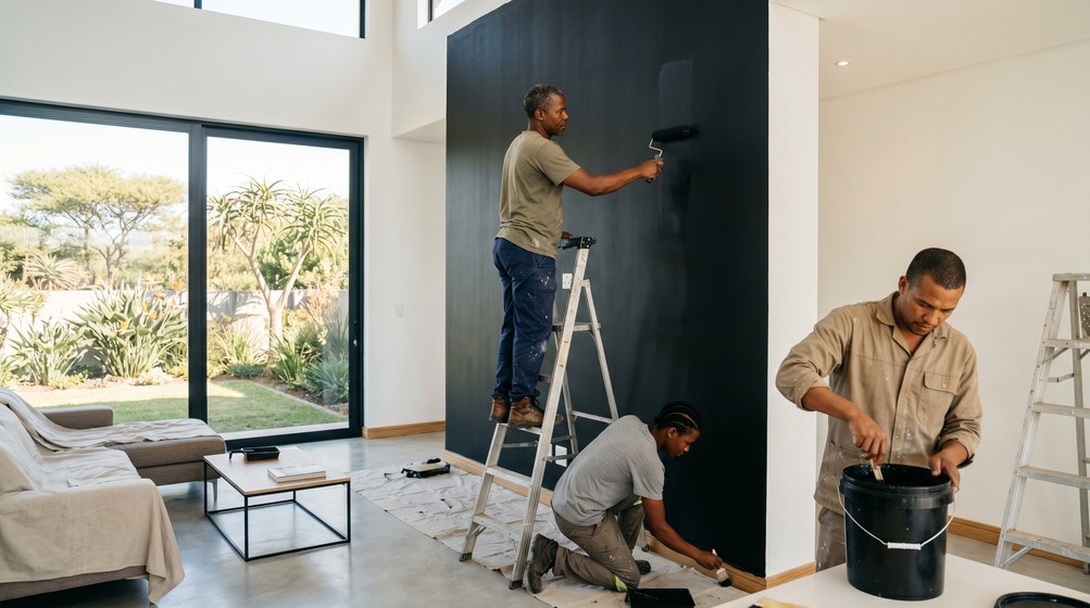 Professional painters creating a bold black feature wall in a modern Kommetjie home