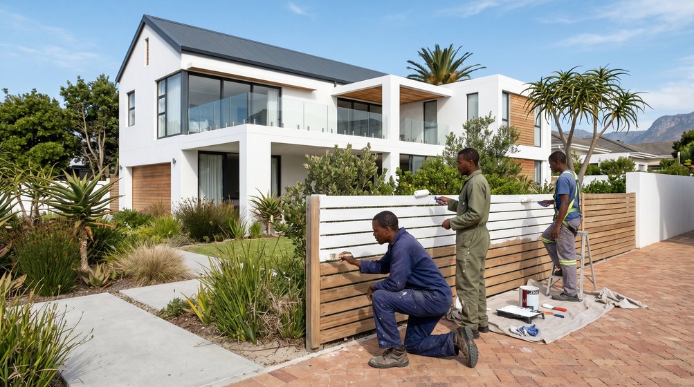 Professional fence painters painting a wooden fence at a Kommetjie home in Kommetjie