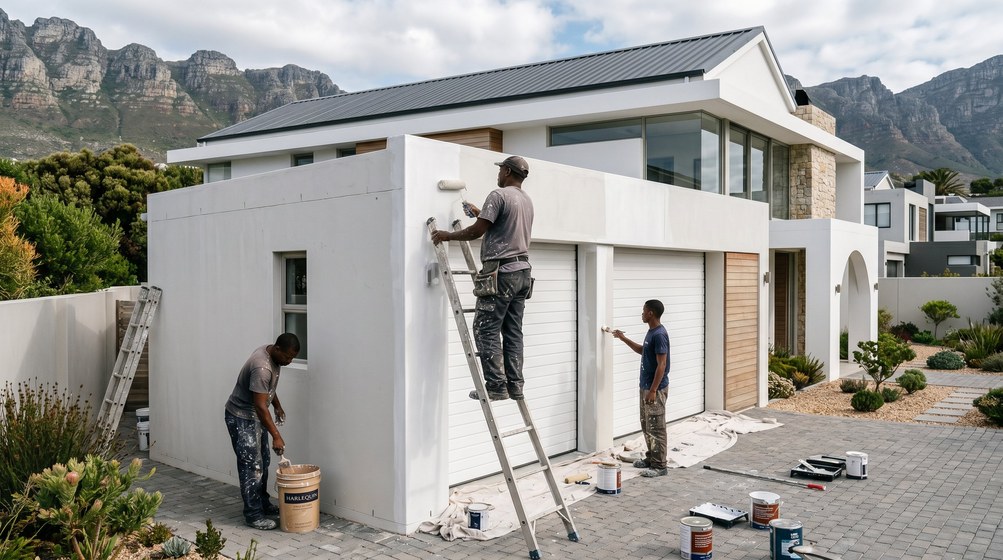Professional painters painting a double garage exterior and garage doors in Kommetjie