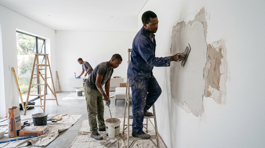 Professional plaster repair team skim coating damaged walls in Kommetjie