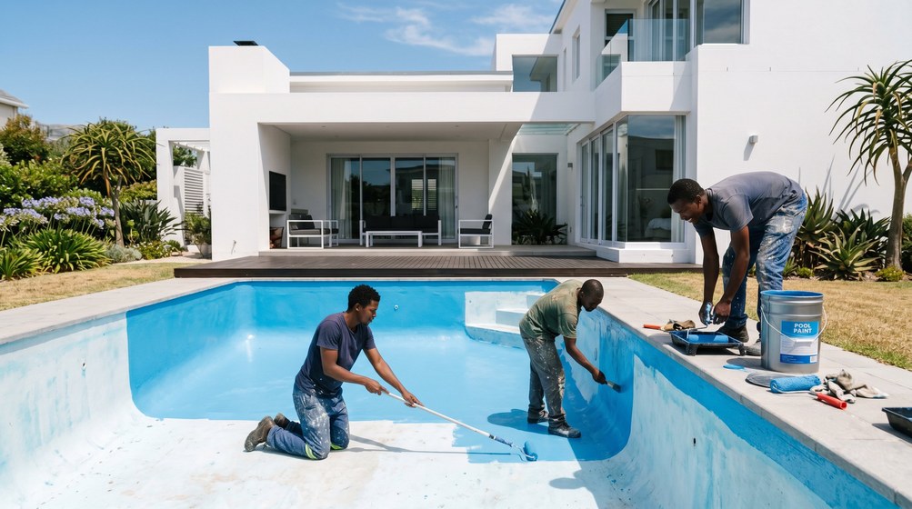 Professional pool painters applying blue pool paint to a swimming pool in Kommetjie