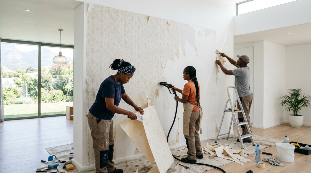 Professional wallpaper removal team stripping old wallpaper in a Kommetjie home